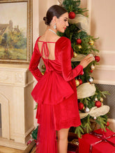 Square Neck Sweet Elegant Velvet Pearl Studded Tulle Bow Puff Princess Dress